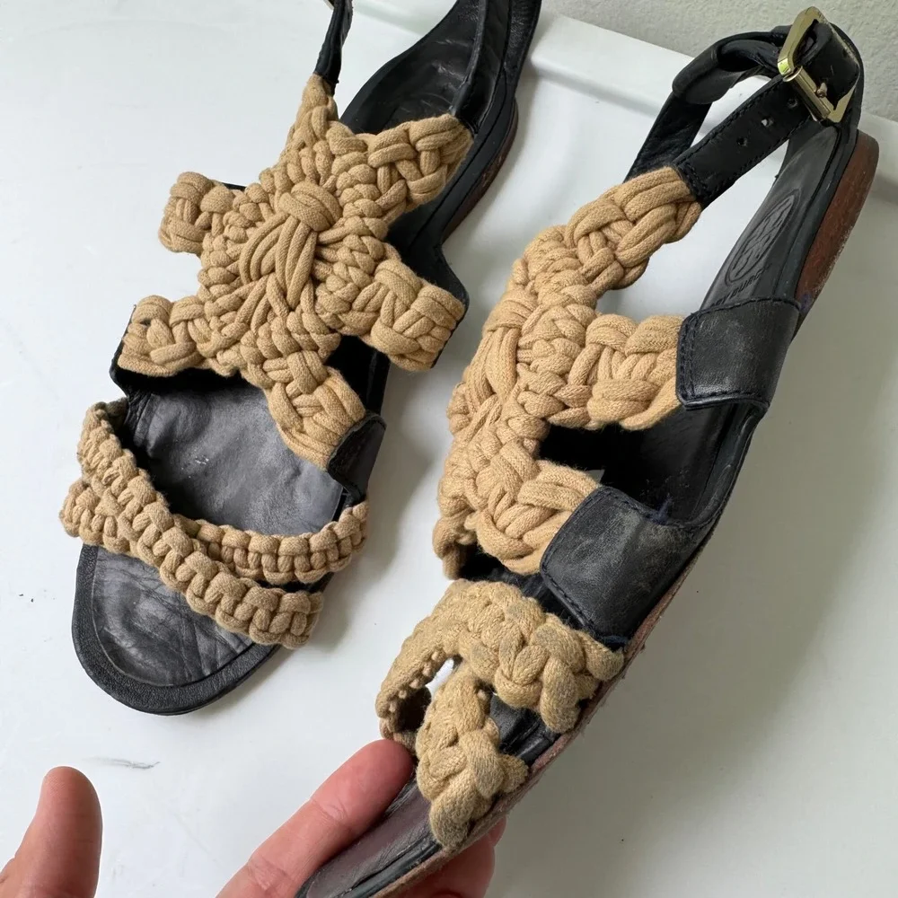 Tory Burch Sandals Macrame Leather Ankle Strap Flats Designer sz6 Leather Shoes